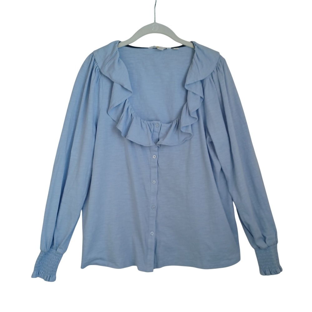 Boden Womens Light Blue Ruffle Collar Button Down Slub Jersey Top US 16/18R